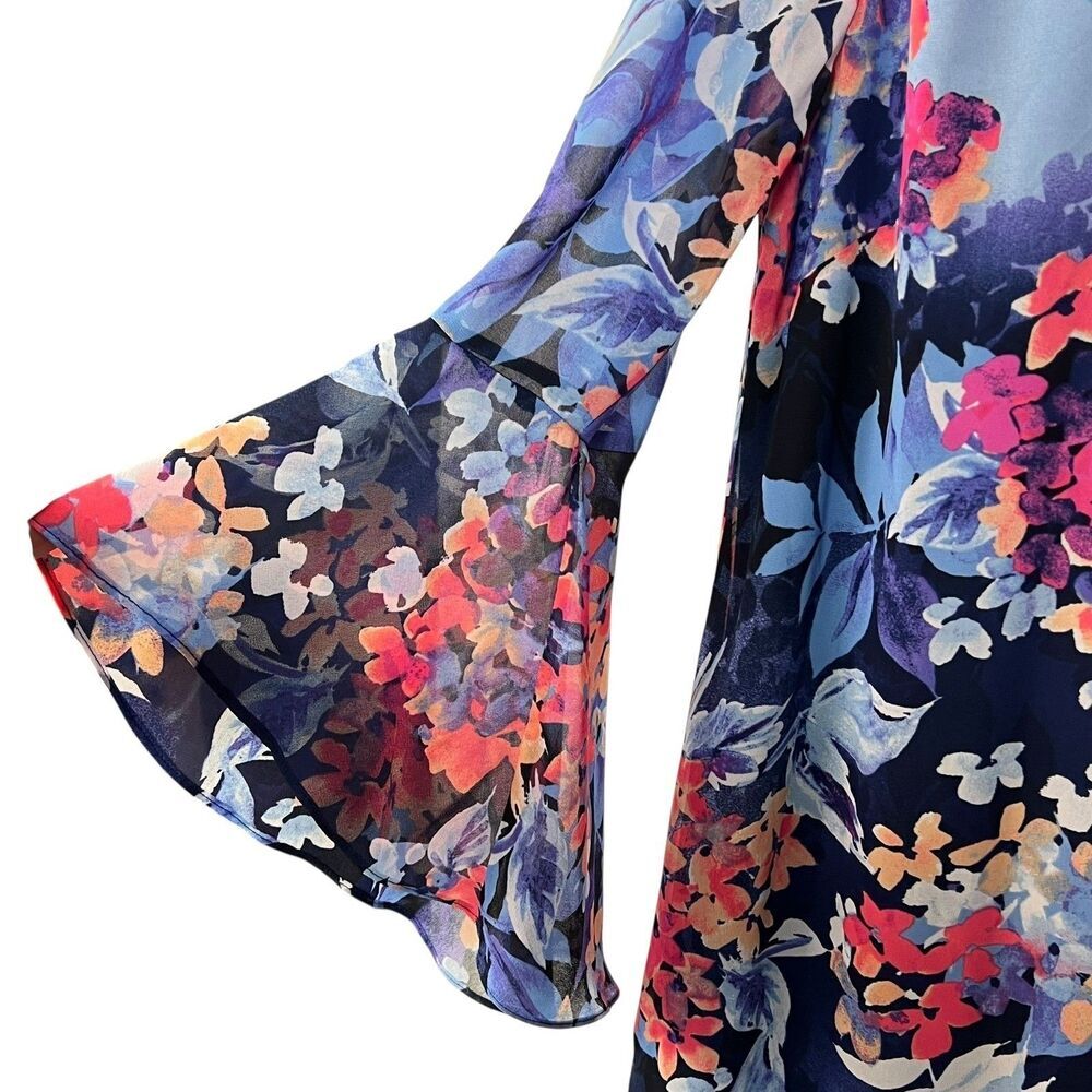 Roz & Ali Women's Floral Print Dress Size 14 Long Sleeve Sheer Overlay Navy Blue - Picture 5 of 10